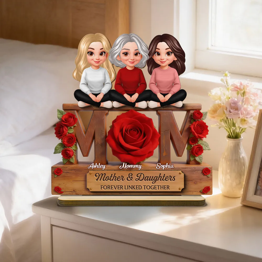 Personalized 2-Layer Wooden Plaque Mom & Daughters Roses Living Room Decor, Unique Gift for Mom - Image 2