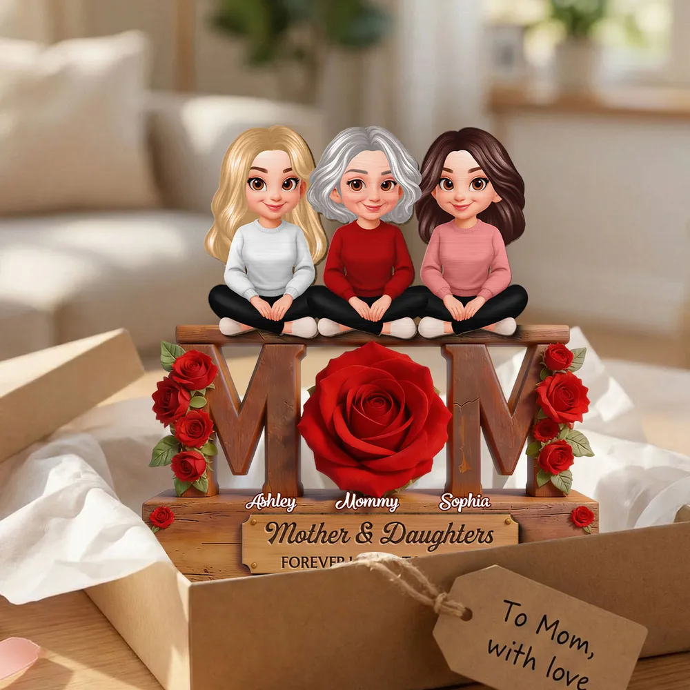 Personalized 2-Layer Wooden Plaque Mom & Daughters Roses Living Room Decor, Unique Gift for Mom - Image 3