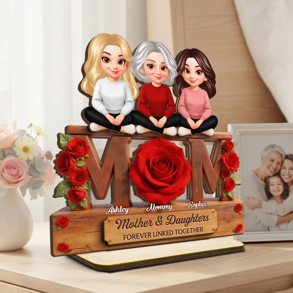 Personalized 2-Layer Wooden Plaque Mom & Daughters Roses Living Room Decor, Unique Gift for Mom - Image 6