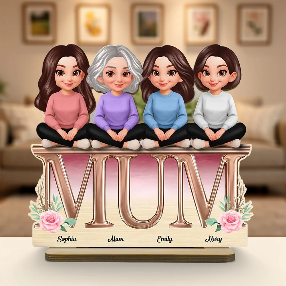 Personalized 2-Layer Wooden Plaque with Mum Letter Design, Custom Family Cartoon Display, Unique Gift for Mom