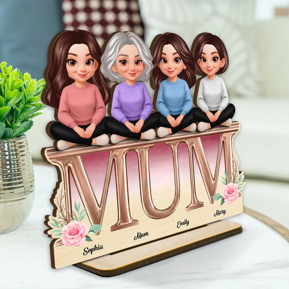 Personalized 2-Layer Wooden Plaque with Mum Letter Design, Custom Family Cartoon Display, Unique Gift for Mom - Image 3