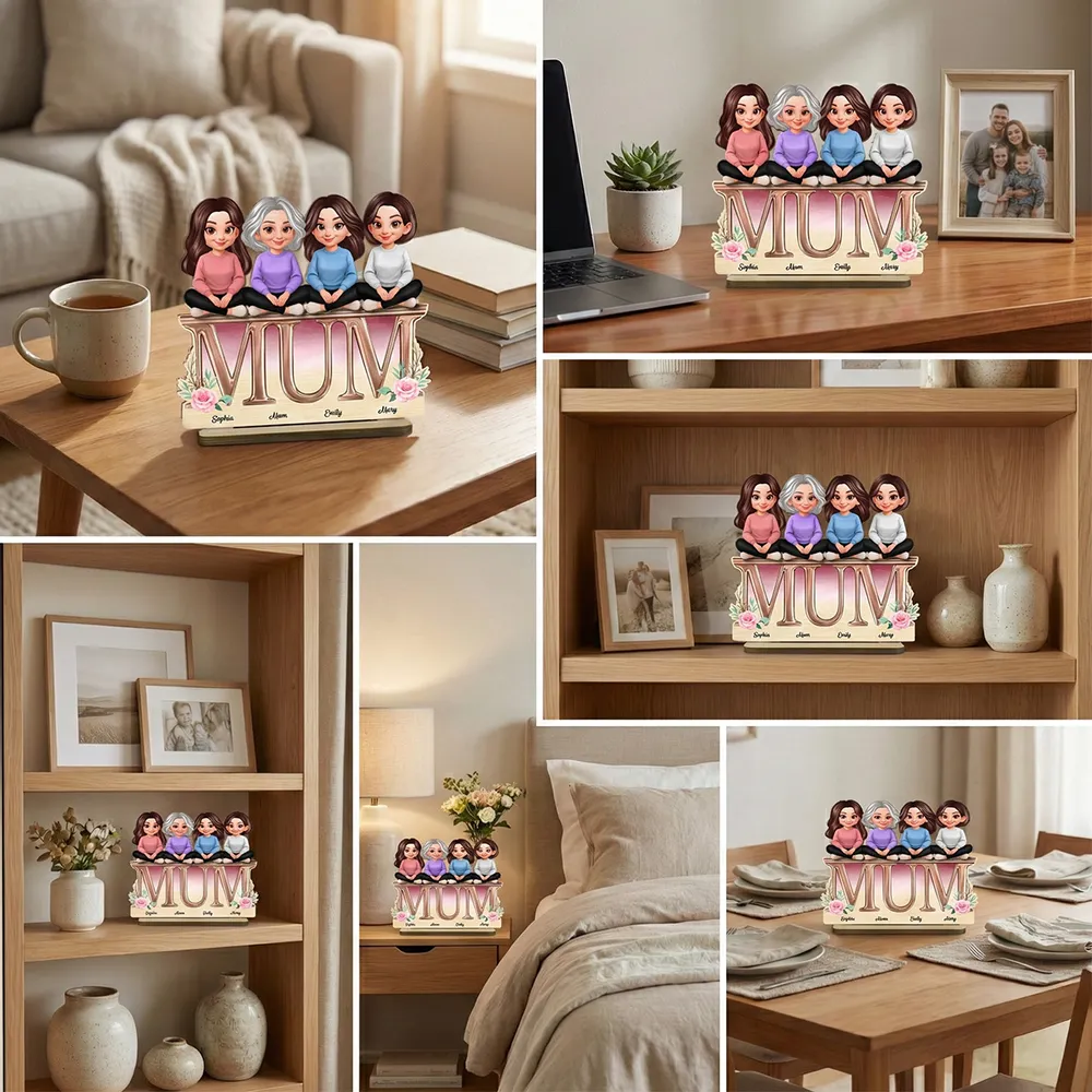 Personalized 2-Layer Wooden Plaque with Mum Letter Design, Custom Family Cartoon Display, Unique Gift for Mom - Image 9