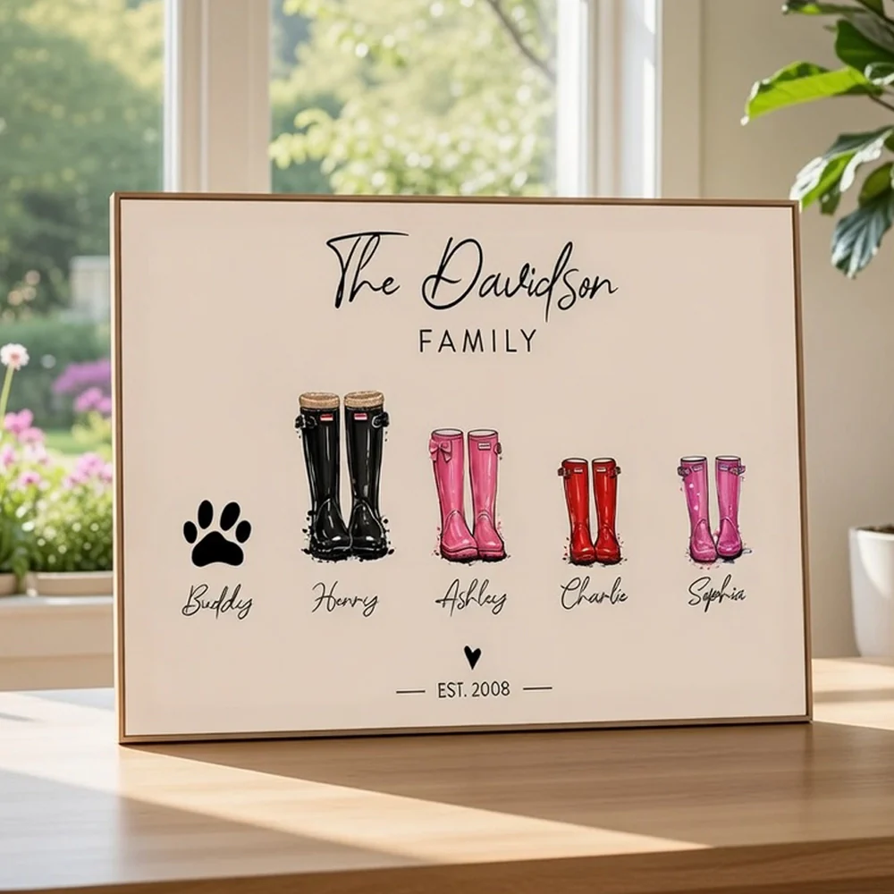 Personalized Family Rain Boots Poster, Custom Name Wall Art for Mom, Modern Keepsake Gift