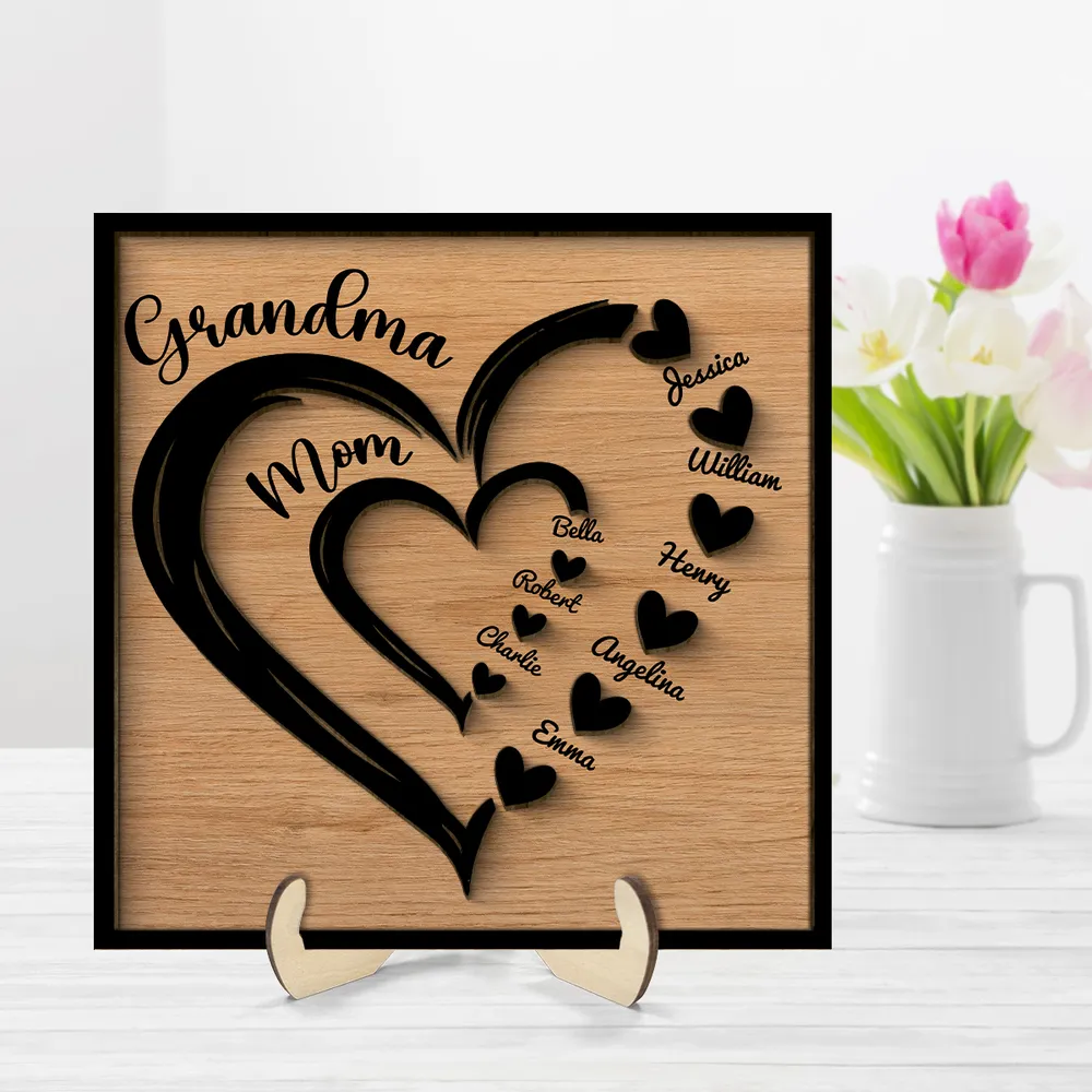 Personalized 2-Layer Wooden Plaque Heart-in-Heart Family Display, A Unique Gift For Grandma Or Mom - Image 2