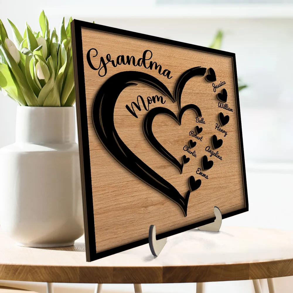 Personalized 2-Layer Wooden Plaque Heart-in-Heart Family Display, A Unique Gift For Grandma Or Mom - Image 3