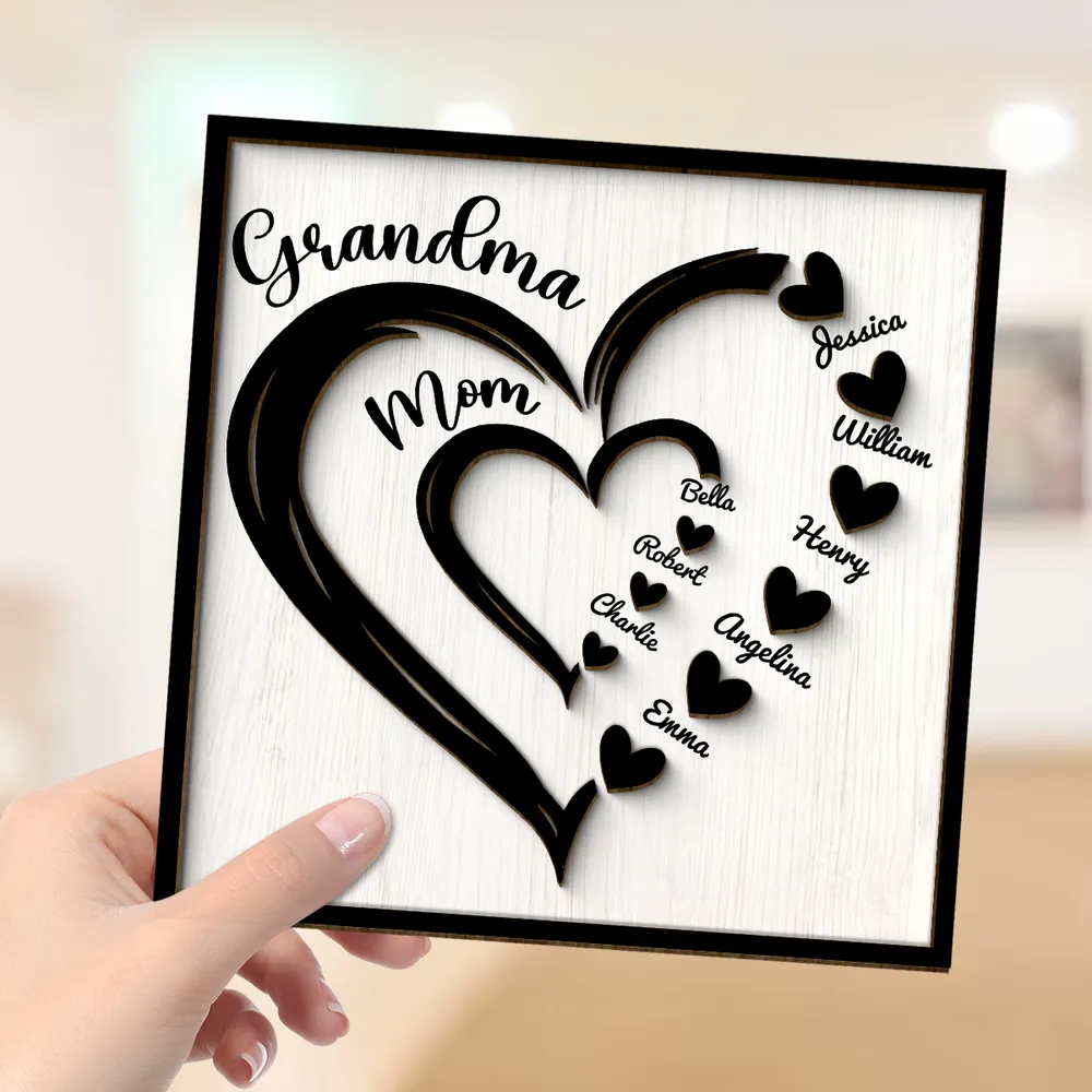Personalized 2-Layer Wooden Plaque Heart-in-Heart Family Display, A Unique Gift For Grandma Or Mom - Image 4