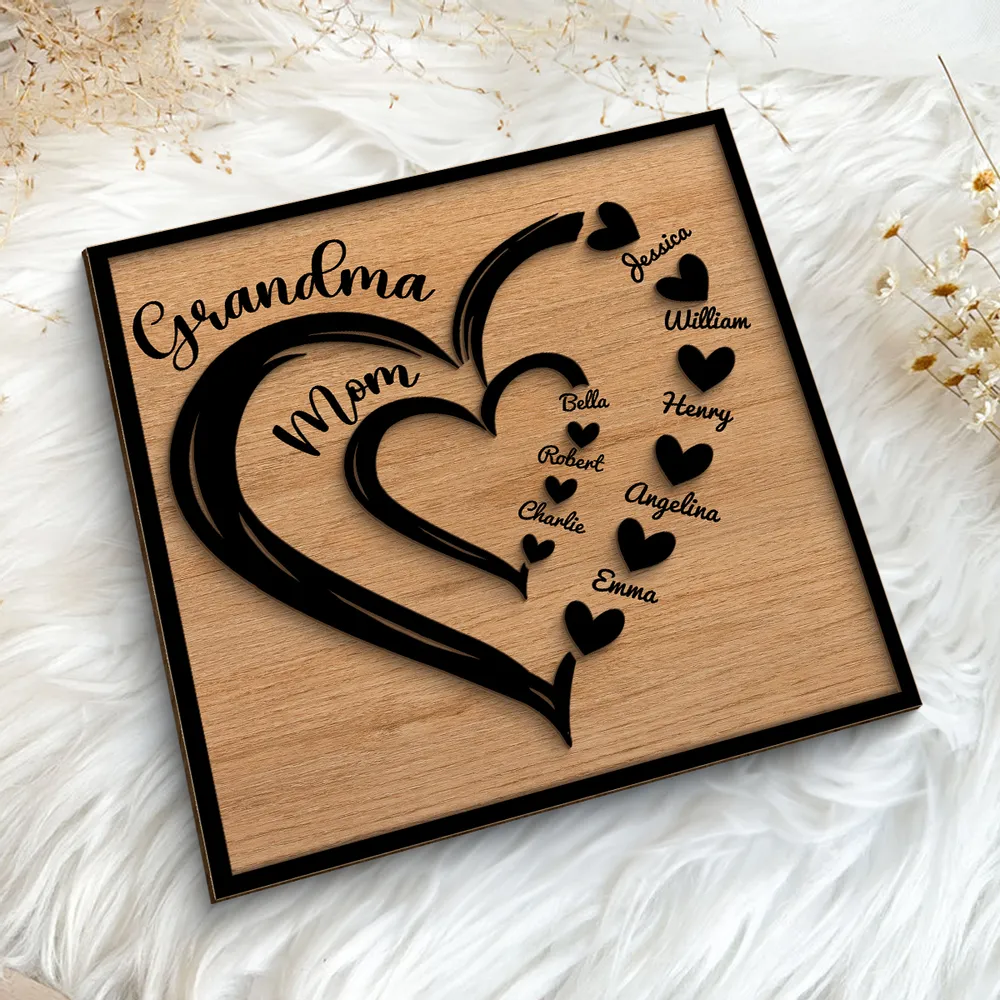 Personalized 2-Layer Wooden Plaque Heart-in-Heart Family Display, A Unique Gift For Grandma Or Mom - Image 5