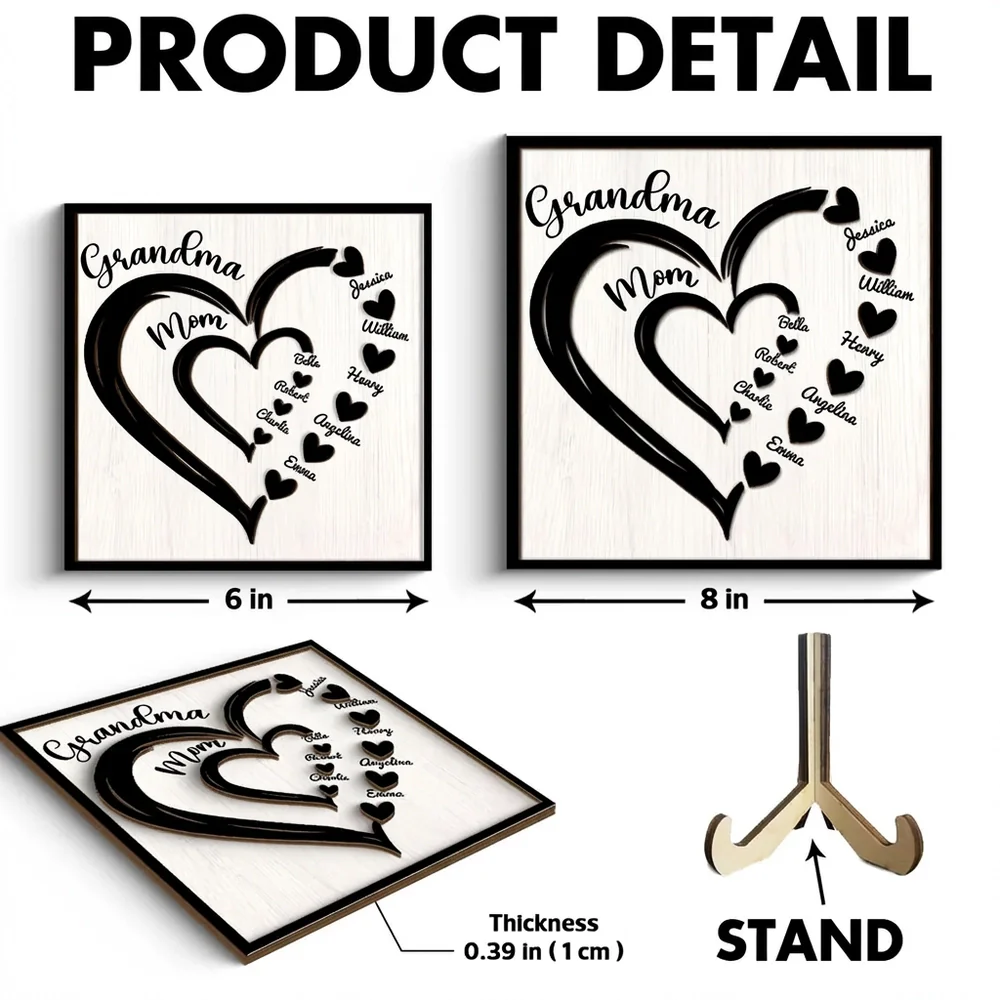 Personalized 2-Layer Wooden Plaque Heart-in-Heart Family Display, A Unique Gift For Grandma Or Mom - Image 6