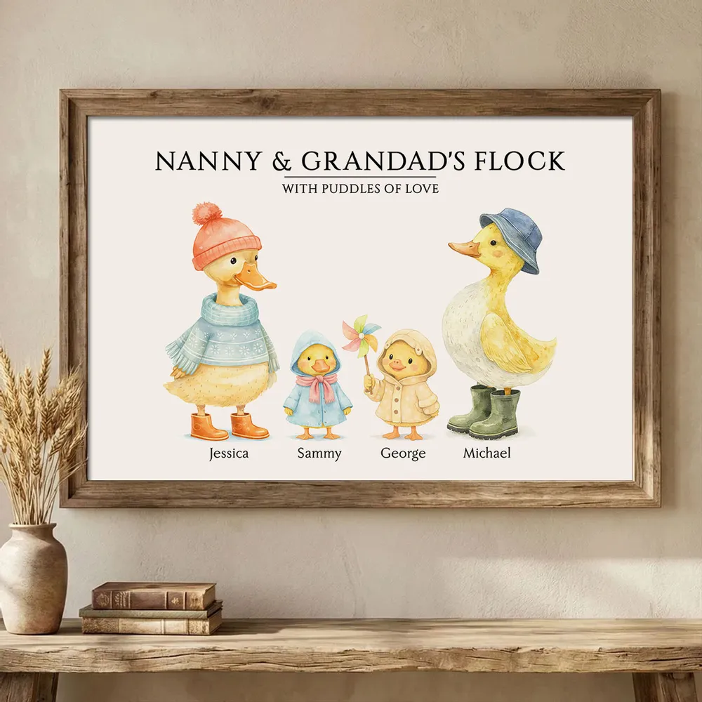 Personalized Grandparents Poster, Cute Watercolor Duck Family Wall Art, Unique Gift for Grandma & Grandpa, Warm Home Decor