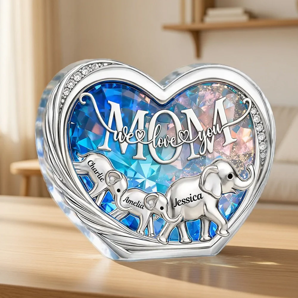 Personalized Shaped Acrylic Block Plaque with Elephant Family in Heart, 'Mom We Love You' Unique Gift for Mom
