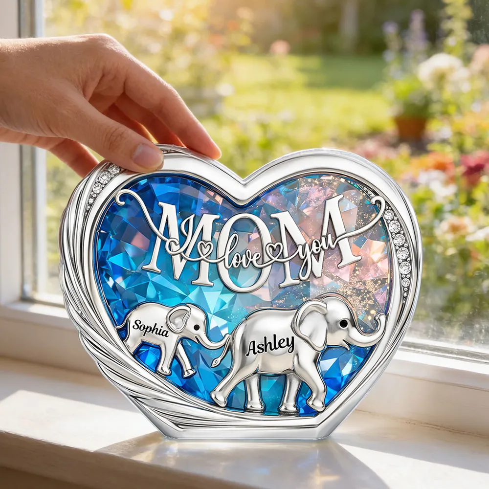 Personalized Shaped Acrylic Block Plaque with Elephant Family in Heart, 'Mom We Love You' Unique Gift for Mom - Image 2