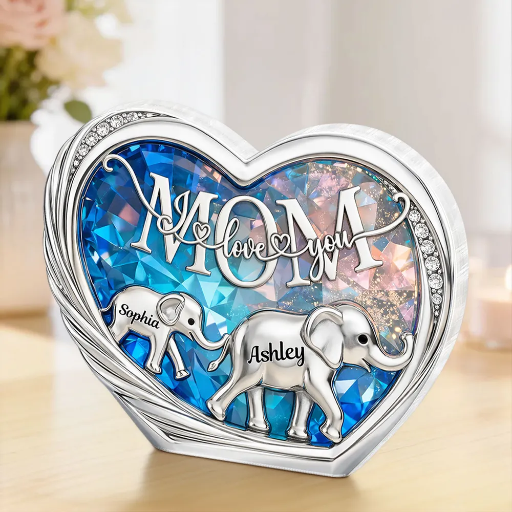 Personalized Shaped Acrylic Block Plaque with Elephant Family in Heart, 'Mom We Love You' Unique Gift for Mom - Image 3