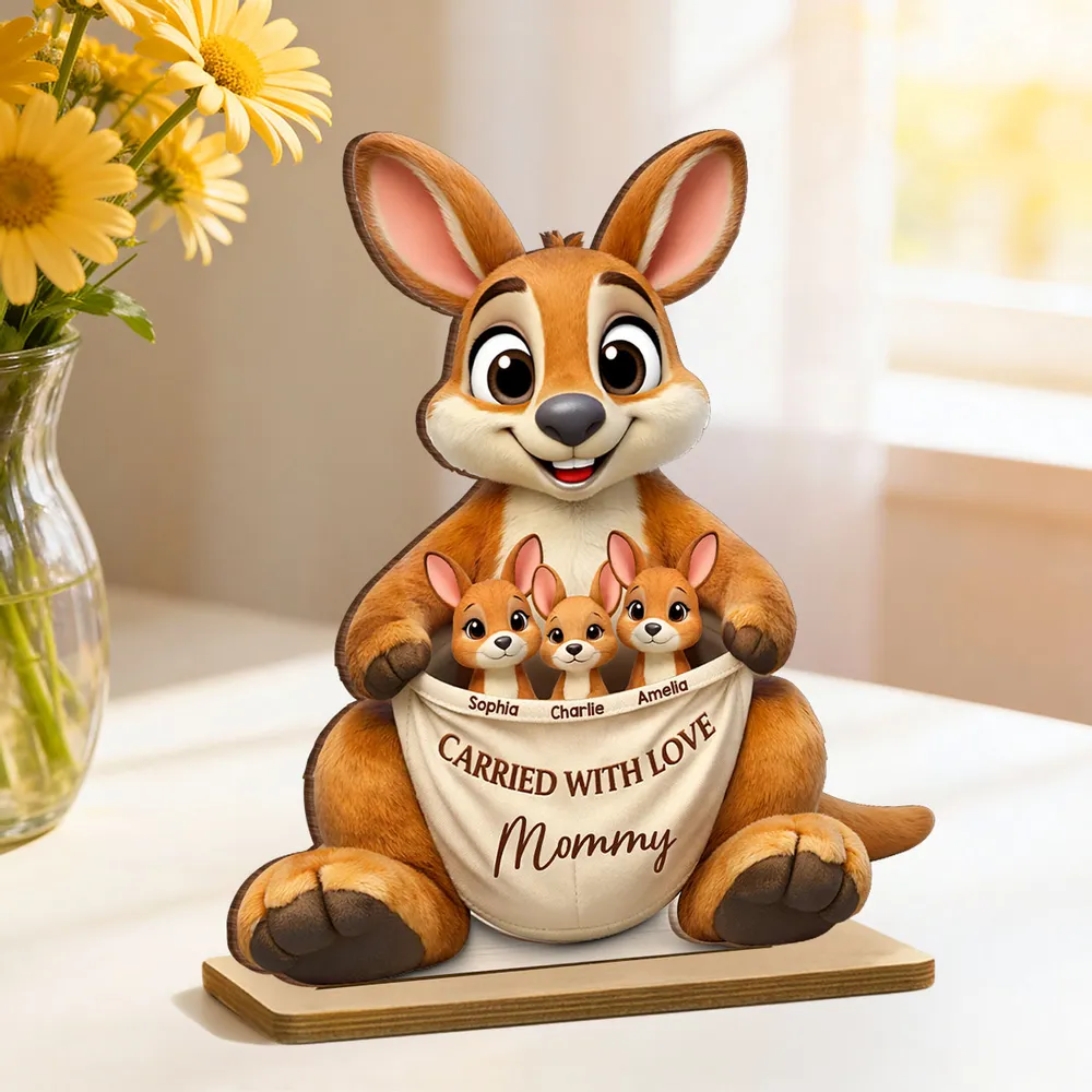 2-Layer Wooden Plaque Personalized Family Keepsake, Cute Kangaroo Grandma Holding Joeys With Carried With Love, Heartfelt Gift - Image 2