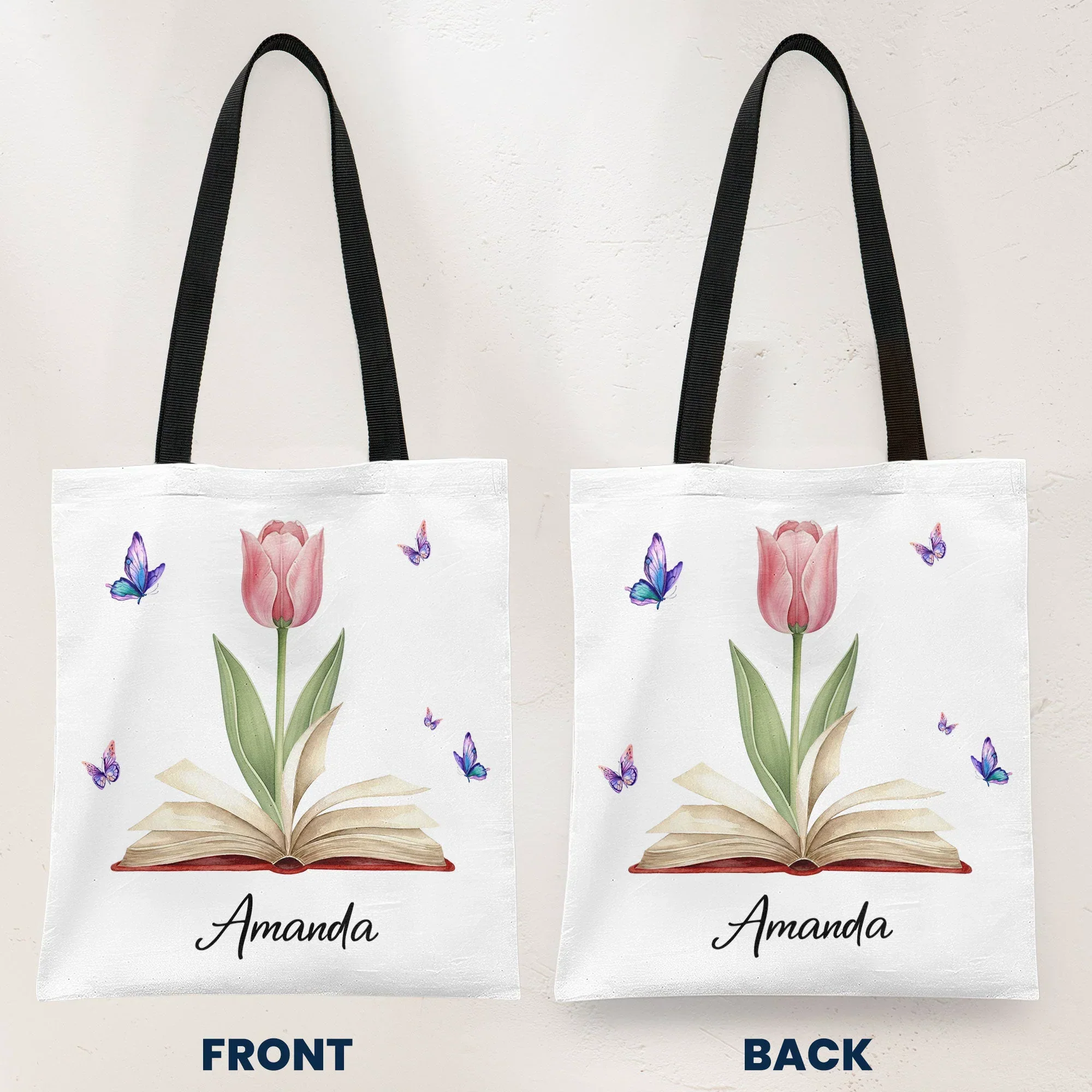 Personalized Tote Bag with Birth Flower Book Design, Butterfly Accent, Unique Gift for Book Lovers and Book Club Friends - Image 2