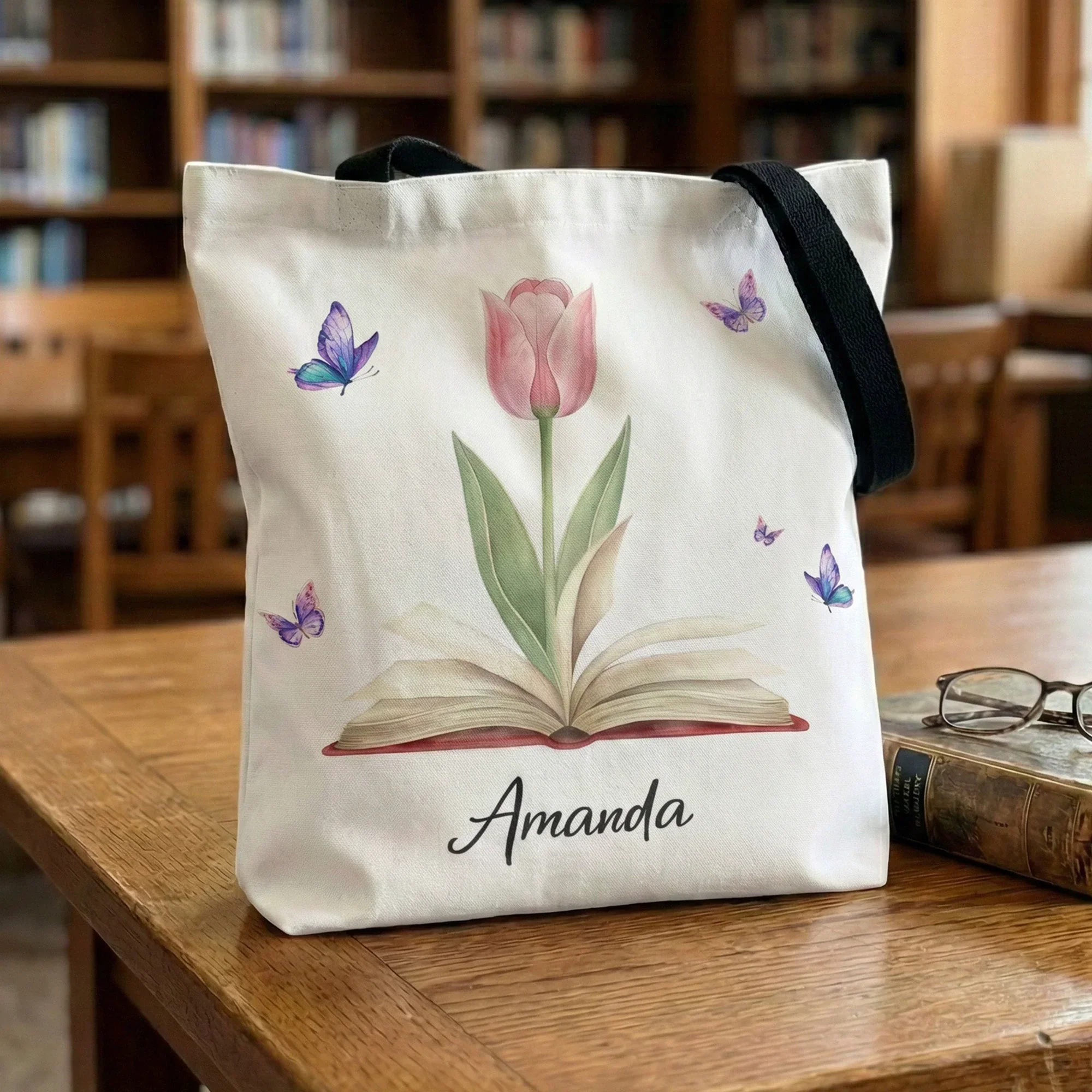 Personalized Tote Bag with Birth Flower Book Design, Butterfly Accent, Unique Gift for Book Lovers and Book Club Friends - Image 4