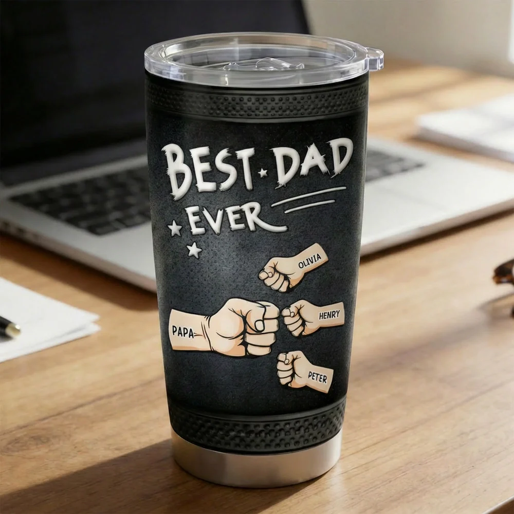 Personalized Best Dad Ever Insulated Travel Tumbler - Fist Bump Design, Daily Coffee On The Go, Unique Gift For Dad