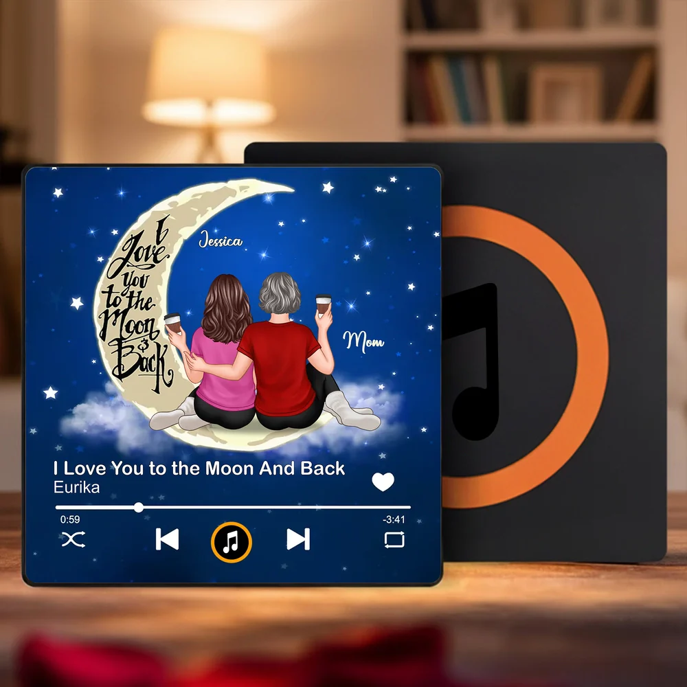 Acrylic Music Magnet with Mom and Daughter Sitting on the Moon, Love You to the Moon and Back, Sweet Gift for Mom