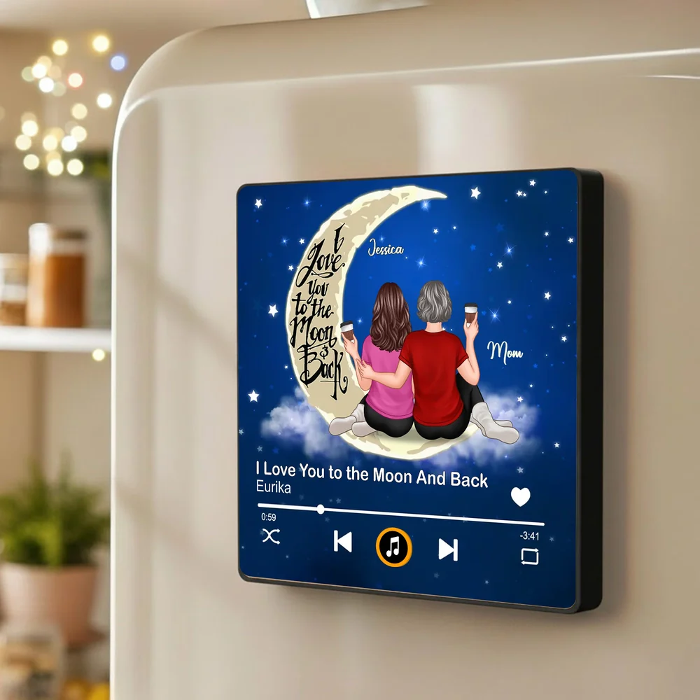 Acrylic Music Magnet with Mom and Daughter Sitting on the Moon, Love You to the Moon and Back, Sweet Gift for Mom - Image 2
