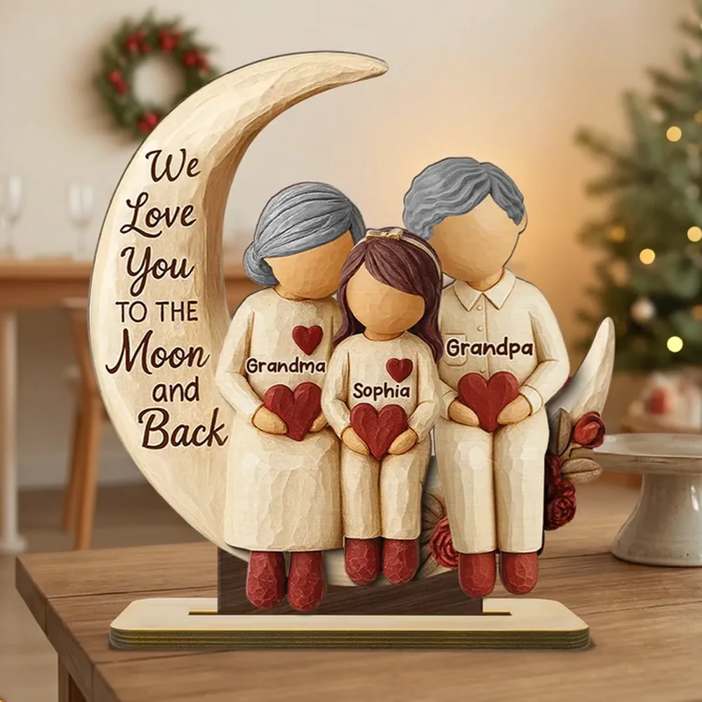 Personalized 2-Layer Wooden Plaque Grandma Grandpa and Grandchild on Moon We Love You to the Moon and Back Unique Gift