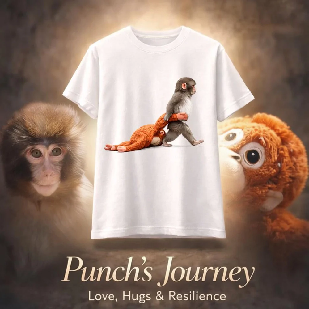 Personalized Classic Tee with Baby Monkey Punch Journey Graphic, Cute Animal Lover Gift for Everyday Smiles