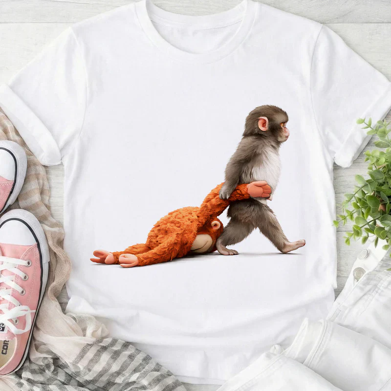 Personalized Classic Tee with Baby Monkey Punch Journey Graphic, Cute Animal Lover Gift for Everyday Smiles - Image 3