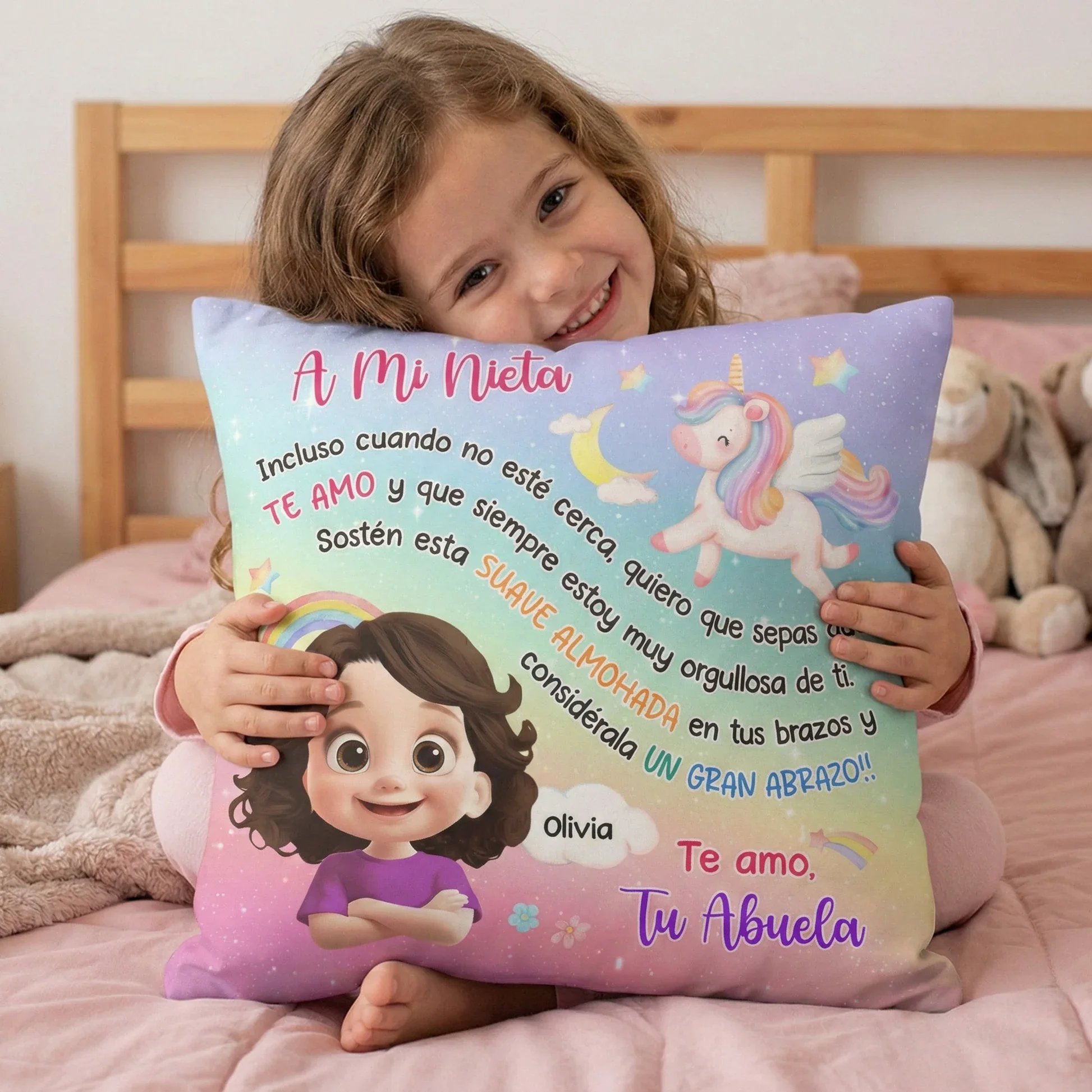 Cojín Cuadrado Personalizado con Unicornio y Arcoíris – Un Regalo Lleno de Amor para Mi Nieta - Image 2