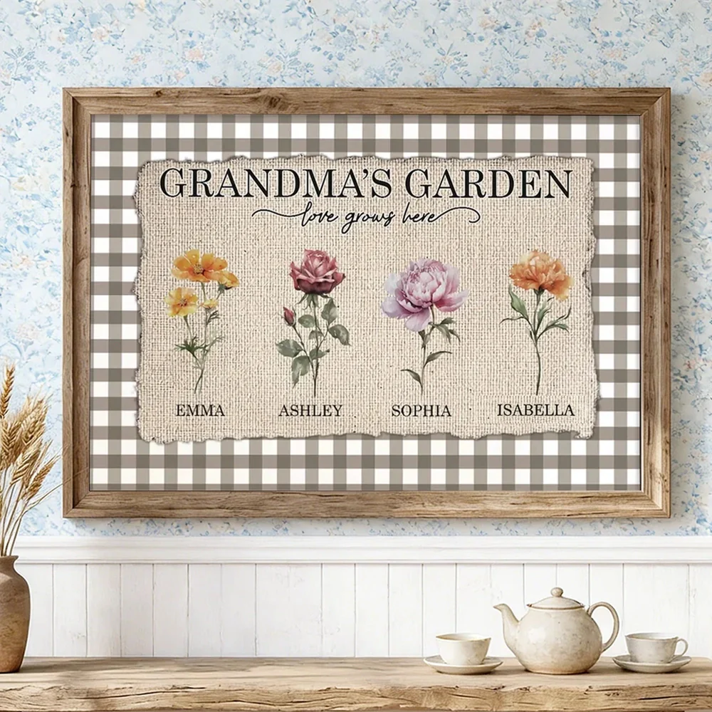 Personalized Grandma's Garden Birth Month Flowers Poster, Gingham Wall Art, Unique Gift for Grandma or Mom