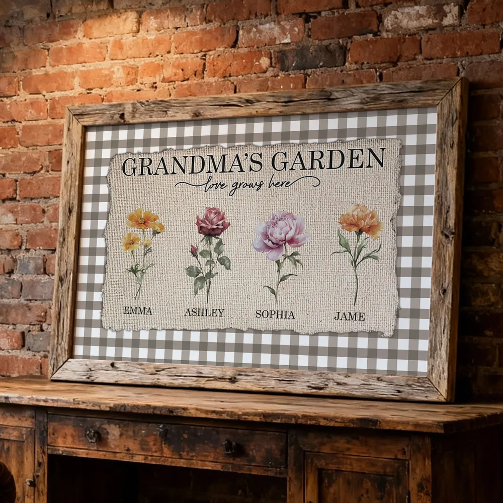 Personalized Grandma's Garden Birth Month Flowers Poster, Gingham Wall Art, Unique Gift for Grandma or Mom - Image 2