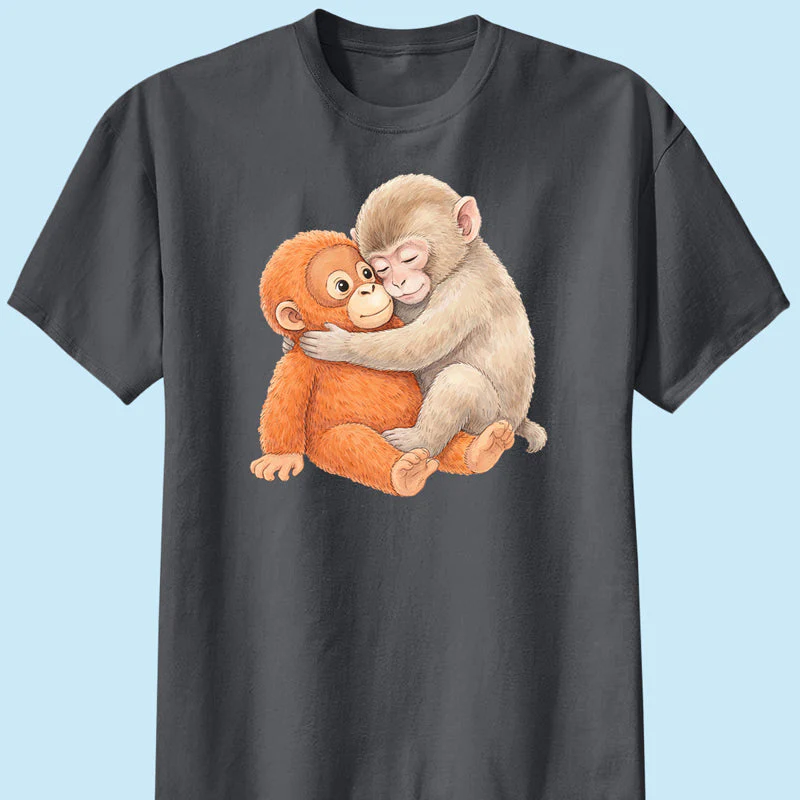 Cute Punch Monkey Graphic Classic Tee, Hugging Baby Monkey Art, Cozy Viral Animal Lover Gift Shirt - Image 4