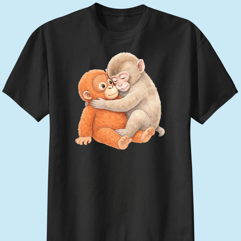 Cute Punch Monkey Graphic Classic Tee, Hugging Baby Monkey Art, Cozy Viral Animal Lover Gift Shirt - Image 5
