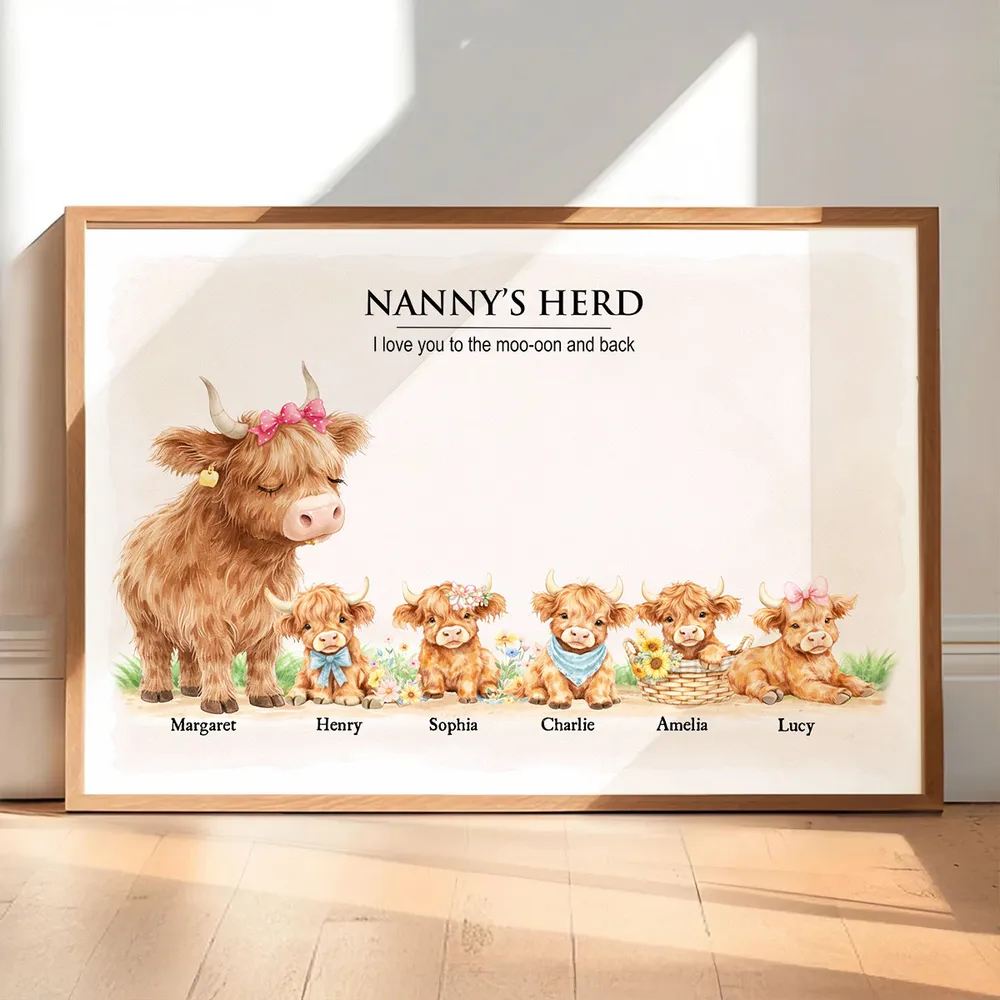 Personalized Highland Cow Family Poster, Nanny & Grandad's Herd Wall Art, Sweet Farm Nursery Decor, Unique Gift for Grandma & Grandpa - Image 2