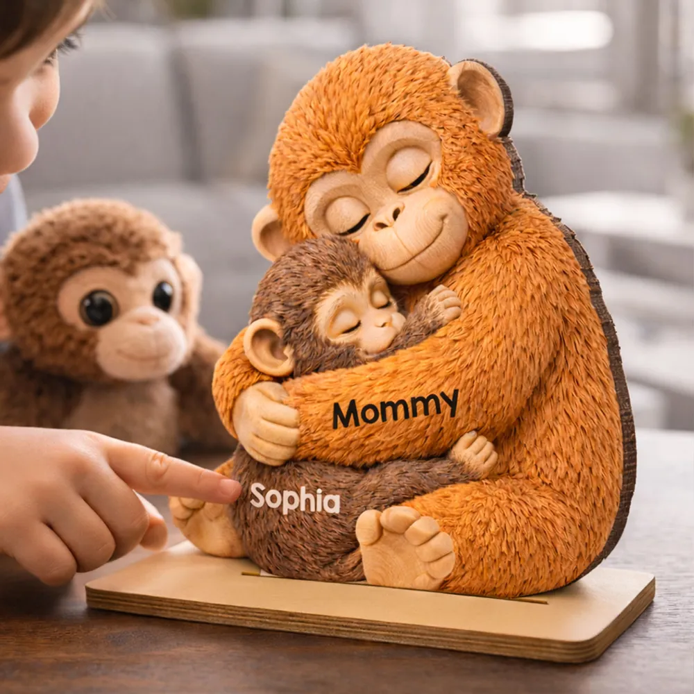 Personalized 2-Layer Wooden Plaque with Hugging Mom Monkey and Babies - Unique Mother's Day Gift for Mom - Image 2