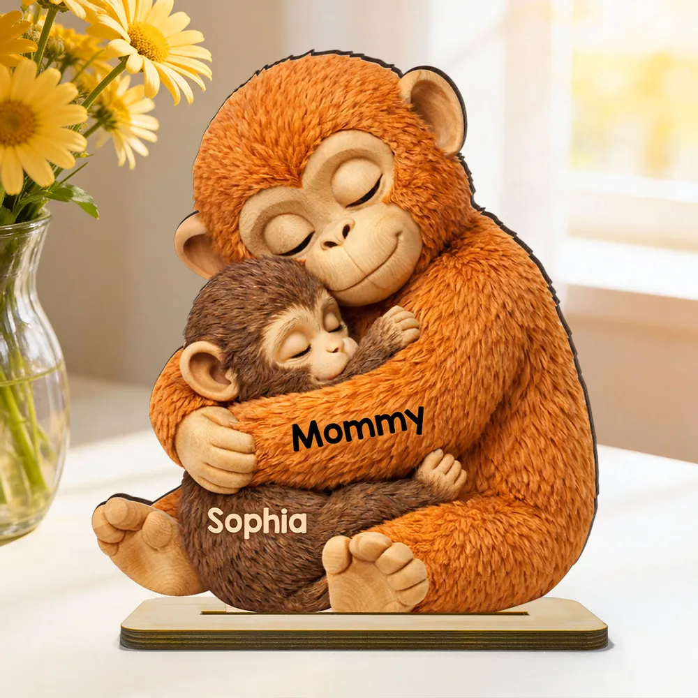 Personalized 2-Layer Wooden Plaque with Hugging Mom Monkey and Babies - Unique Mother's Day Gift for Mom - Image 3
