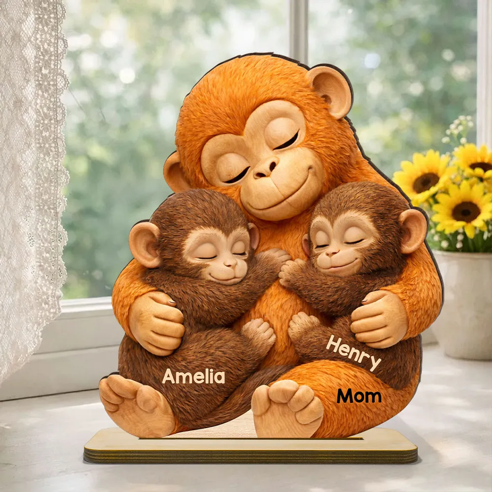 Personalized 2-Layer Wooden Plaque with Hugging Mom Monkey and Babies - Unique Mother's Day Gift for Mom - Image 8
