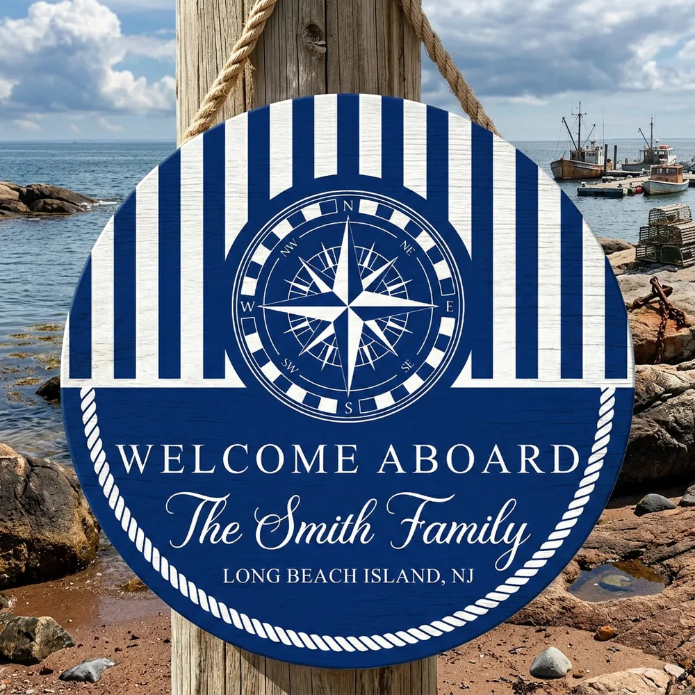 Personalized Welcome Aboard Wooden Sign With Nautical Compass And Stripes, Unique Coastal Gift For Families - Image 2