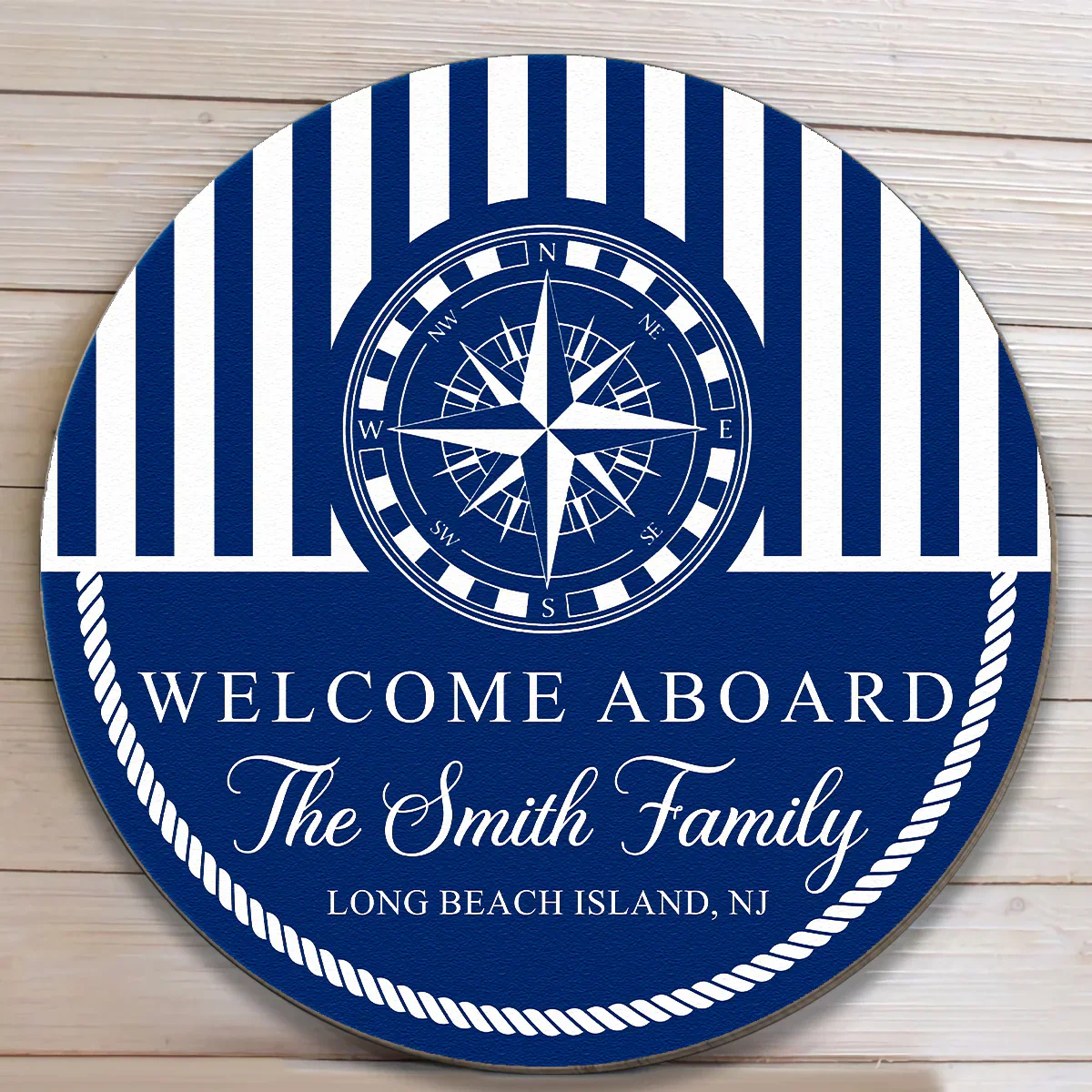Personalized Welcome Aboard Wooden Sign With Nautical Compass And Stripes, Unique Coastal Gift For Families - Image 4