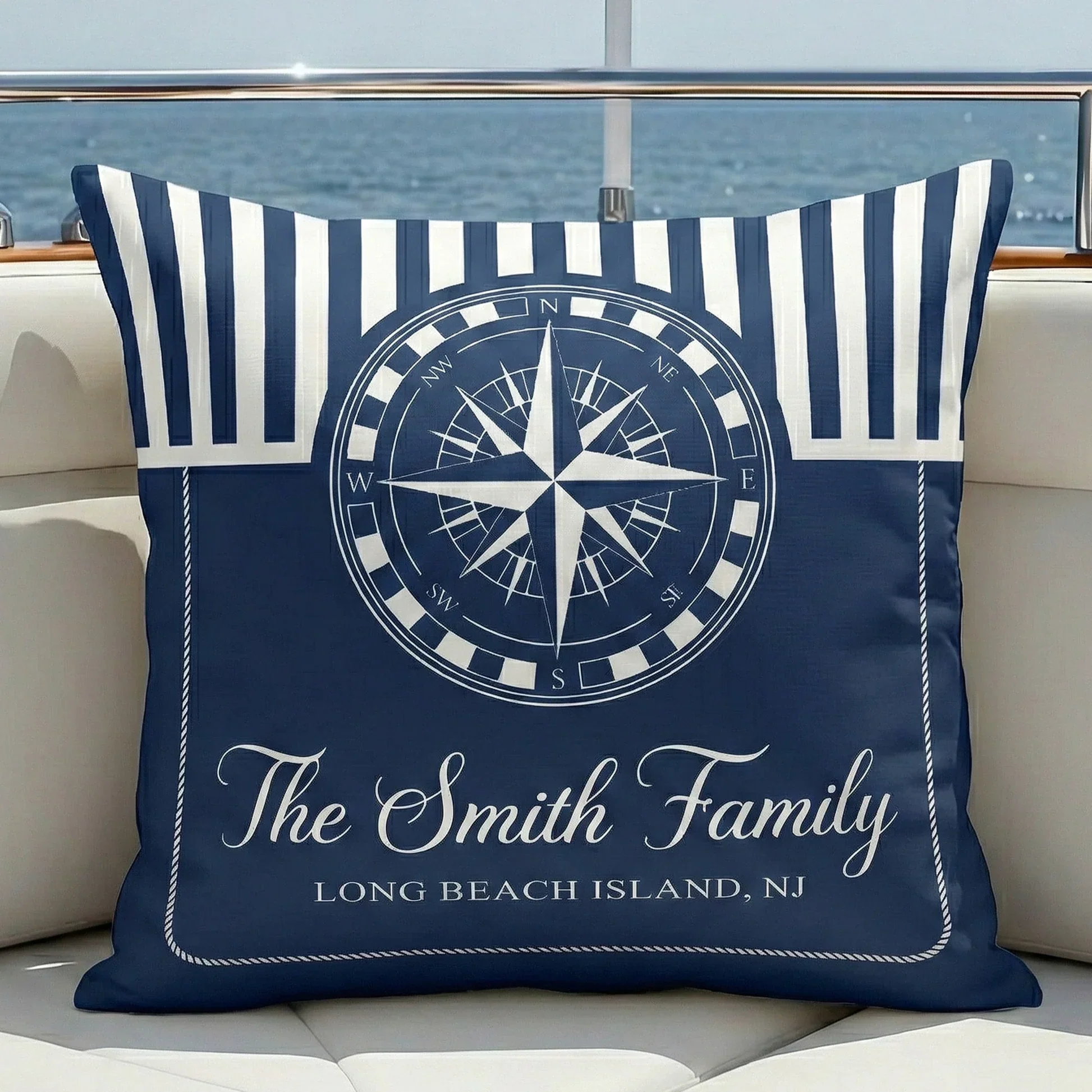 Navy Coastal Square Pillow, Personalized Family Name Boat Style Accent, Crisp Nautical Look, Unique Gift for Beach House - Image 2