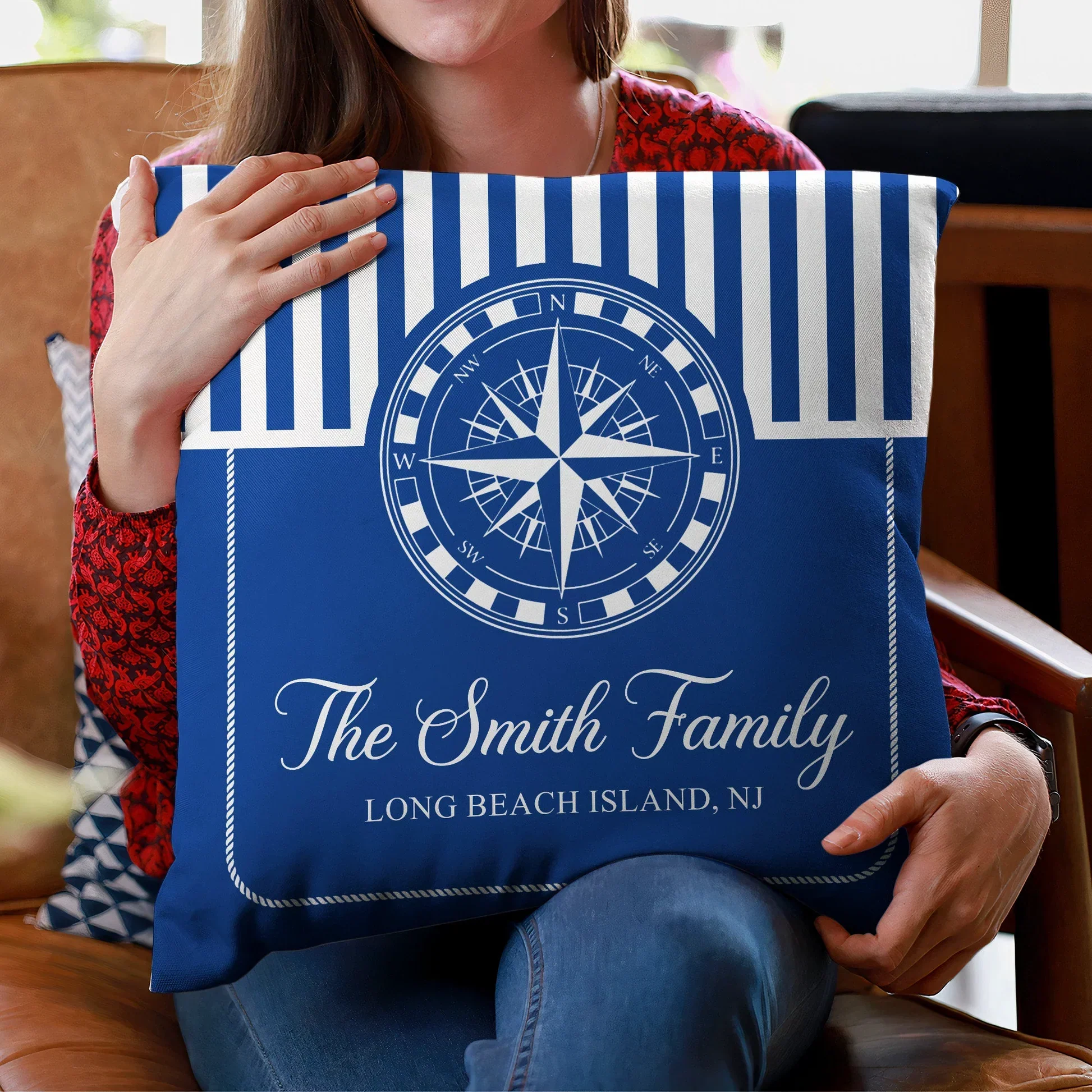 Navy Coastal Square Pillow, Personalized Family Name Boat Style Accent, Crisp Nautical Look, Unique Gift for Beach House - Image 6