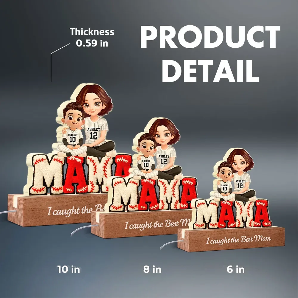 Block LED Light Plaque With Baseball Mama Hugging Kids, 'We Caught the Best Mom', Cozy Bedside Gift - Image 4