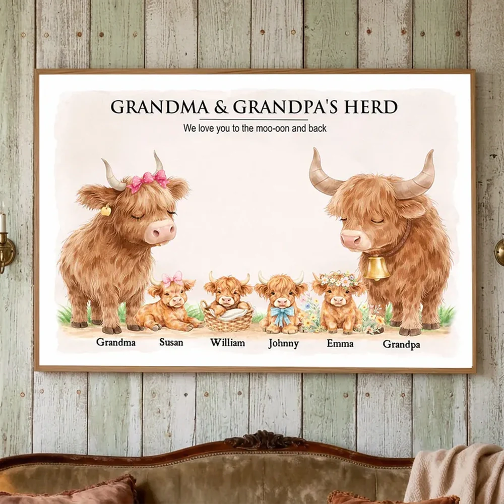 Personalized Highland Cow Family Poster, Grandma & Grandpa's Herd Wall Art, Unique Gift for Grandparents
