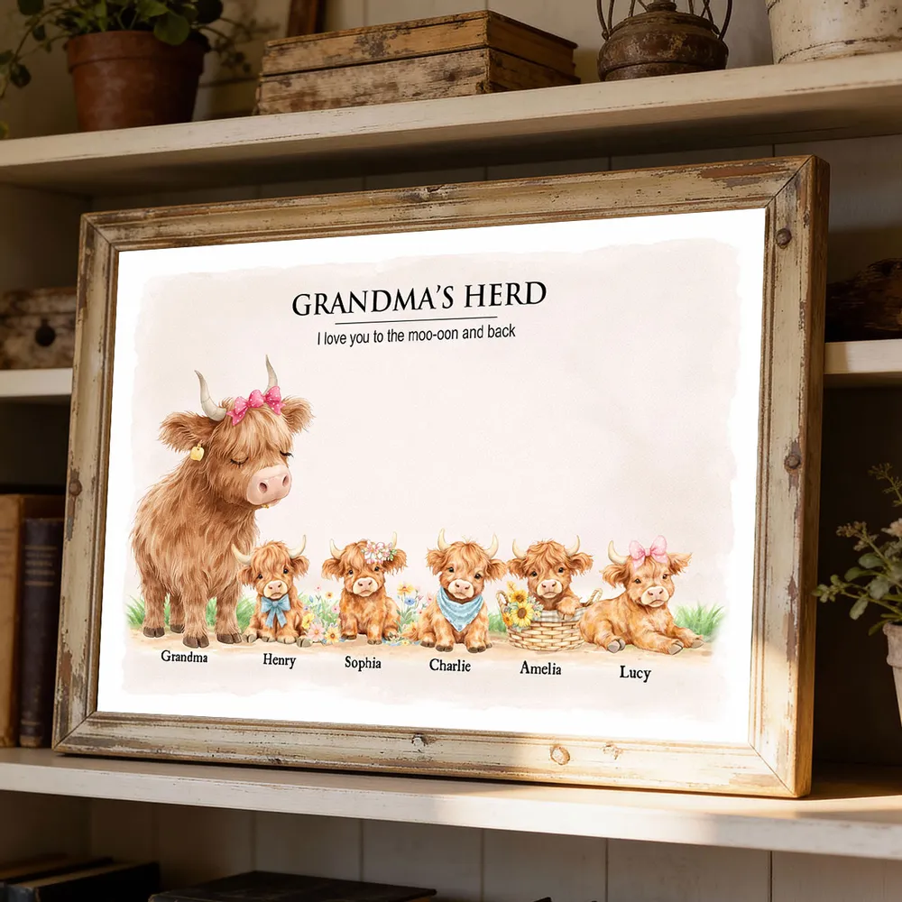 Personalized Highland Cow Family Poster, Grandma & Grandpa's Herd Wall Art, Unique Gift for Grandparents - Image 3