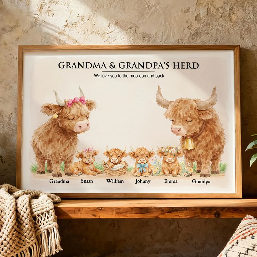 Personalized Highland Cow Family Poster, Grandma & Grandpa's Herd Wall Art, Unique Gift for Grandparents - Image 6