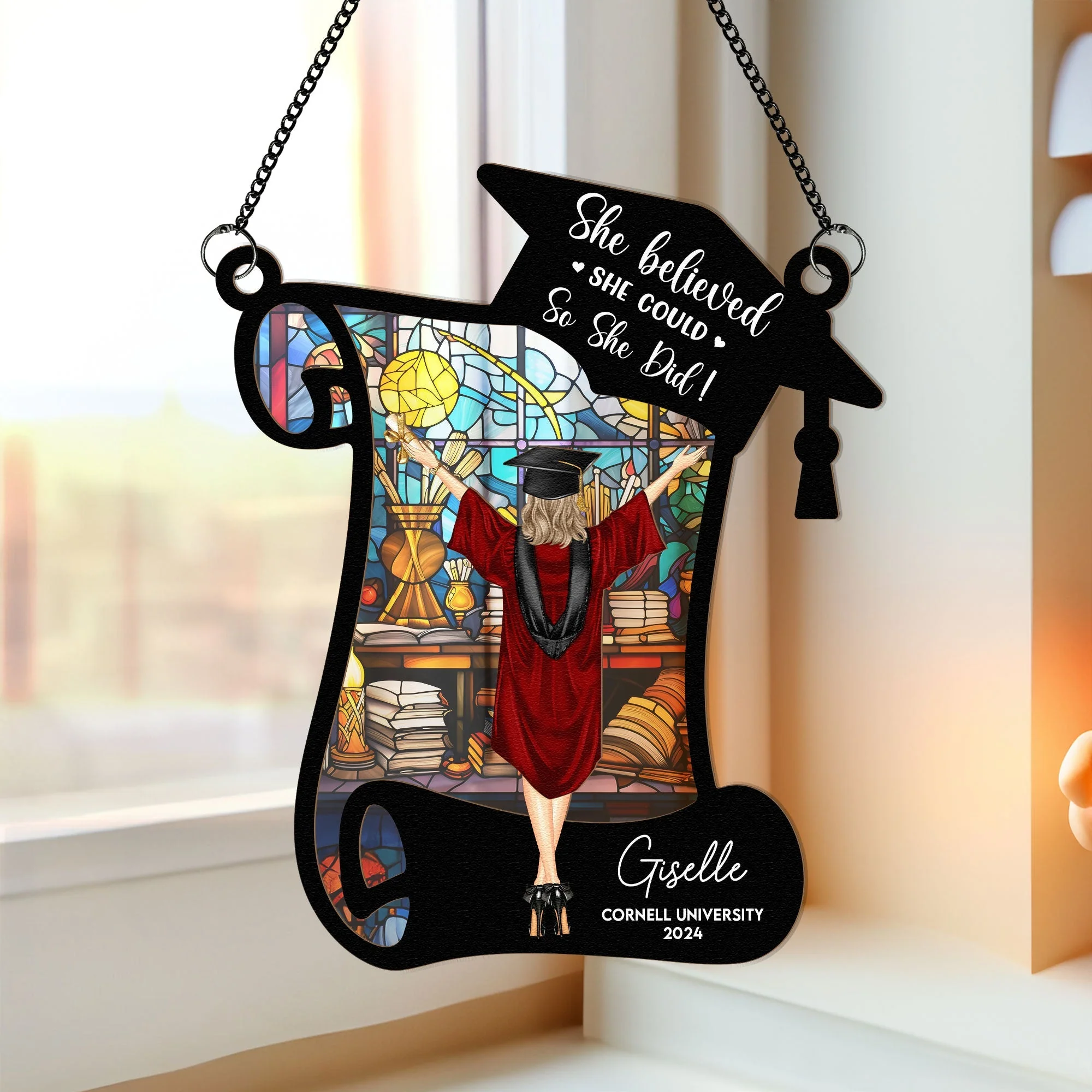 Wood and Acrylic Layered Ornament with 'She Believed She Could So She Did' Graduation Quote, Personalized Window Decor, Thoughtful Gift - Image 2