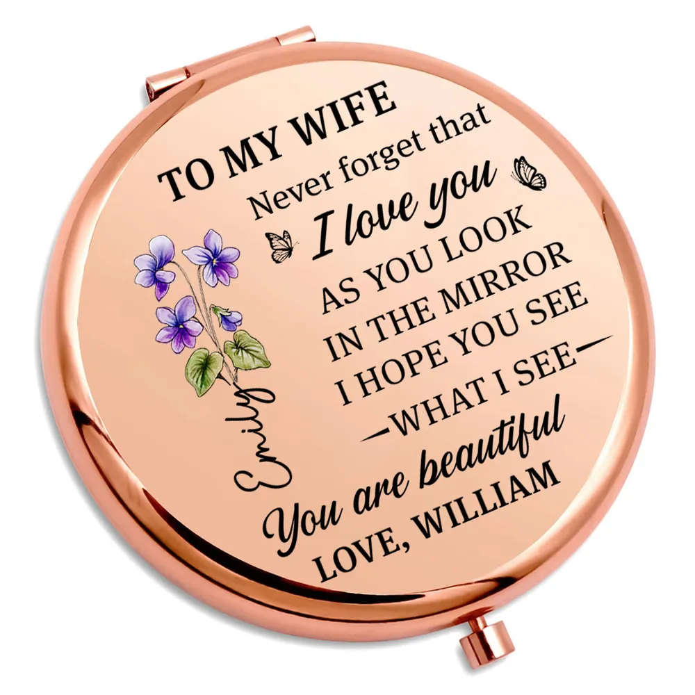Metal Compact Mirror with Sweet Mirror Message for Wife, Personalized Touch, Purple Floral Design, Thoughtful Gift for Her - Image 2