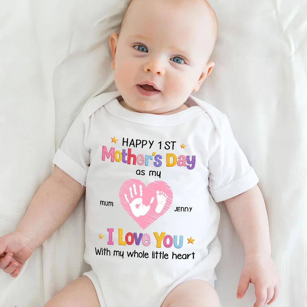Short Sleeve Baby Onesie for Baby's First Mother's Day, Personalized Handprint Heart I Love You Design, Sweet Gift - Image 4