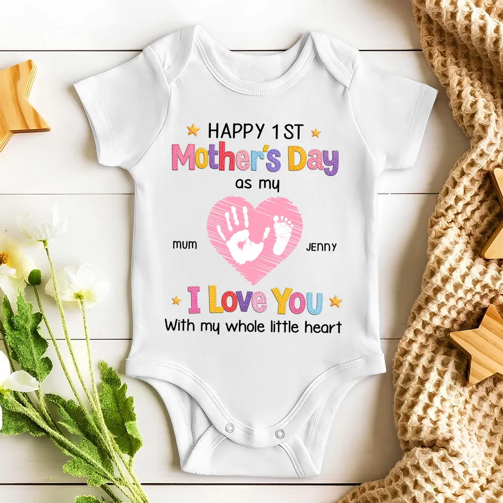 Short Sleeve Baby Onesie for Baby's First Mother's Day, Personalized Handprint Heart I Love You Design, Sweet Gift - Image 5