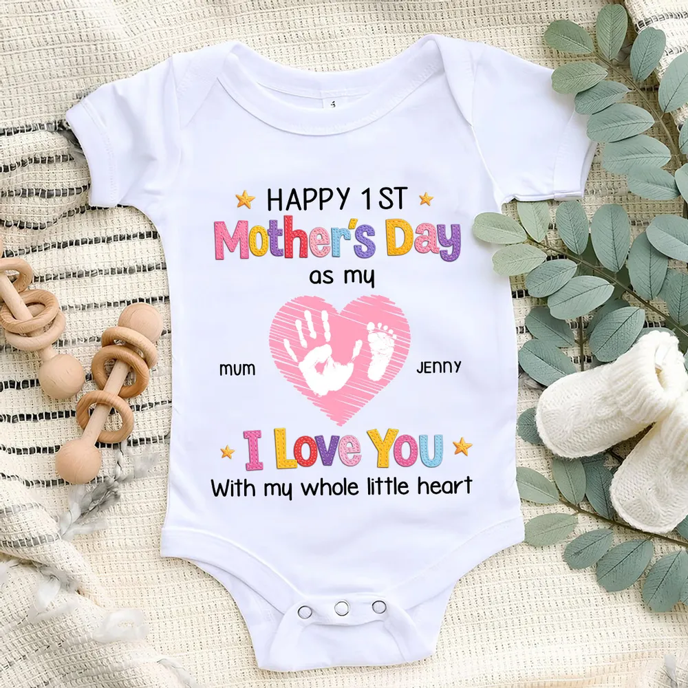 Short Sleeve Baby Onesie for Baby's First Mother's Day, Personalized Handprint Heart I Love You Design, Sweet Gift - Image 6