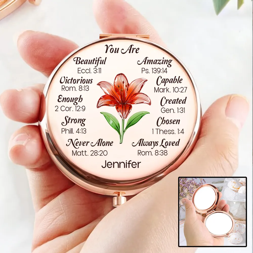 Metal Compact Mirror Personalized Name Gift with Uplifting Faith Words Lily Art Daily Reminder for Mom Daughter Friend