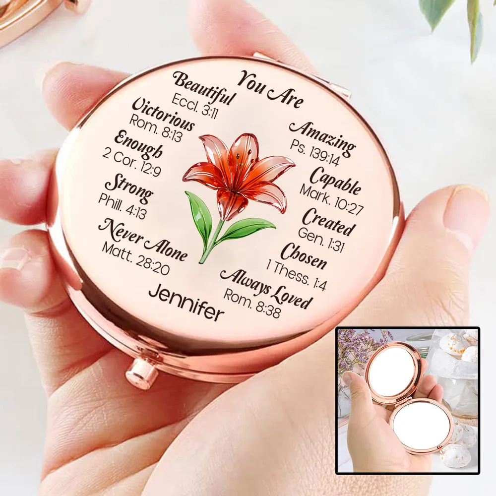 Metal Compact Mirror Personalized Name Gift with Uplifting Faith Words Lily Art Daily Reminder for Mom Daughter Friend - Image 2