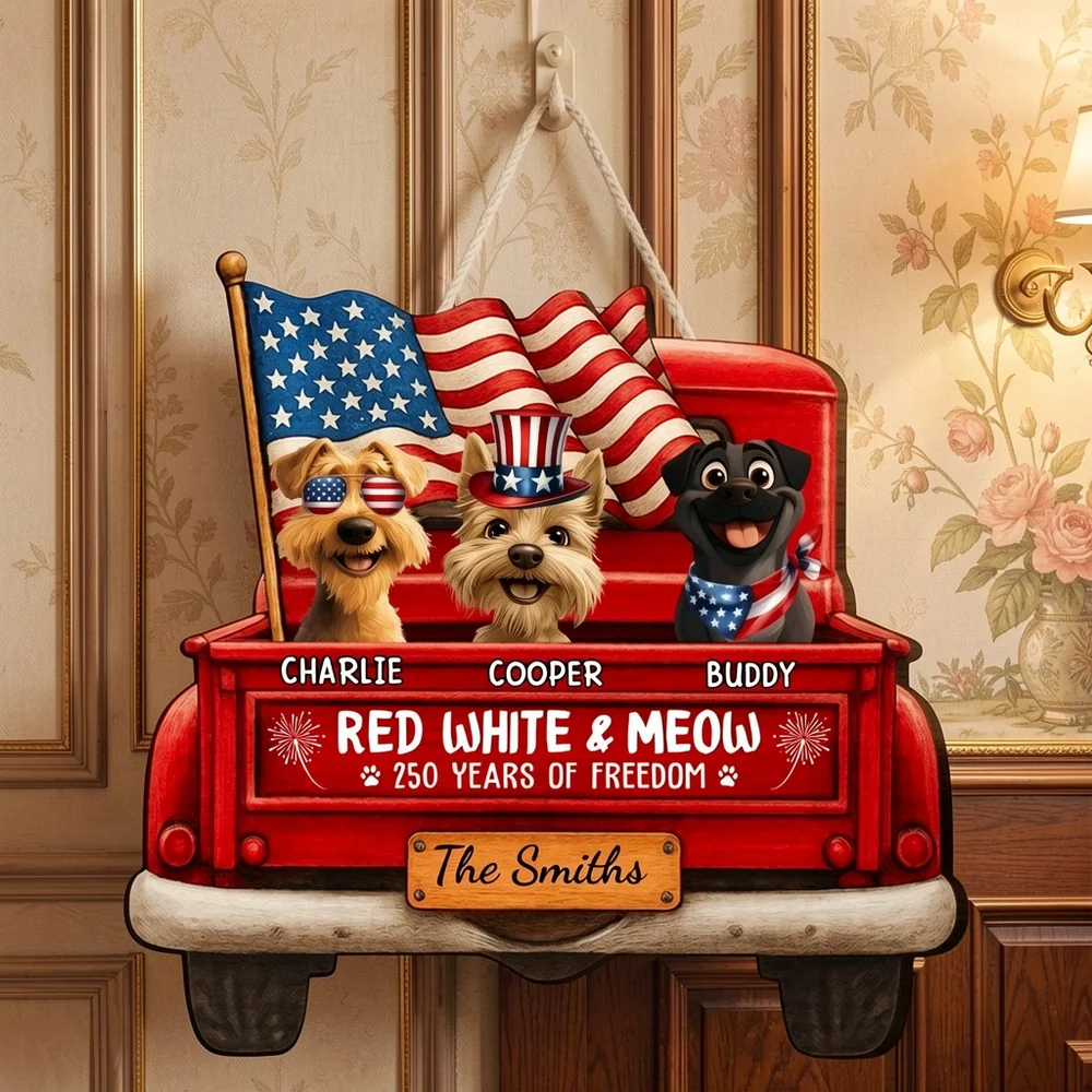 Personalized Patriotic Dog Wooden Sign, Red Truck With American Flags, Cute Funny Kitchen Decor, Unique Gift For Dog Lovers - Image 4